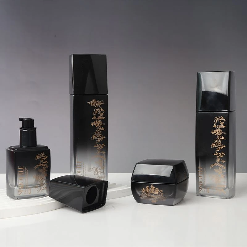 Modular Flat-Square Cosmetic Set: 40ml-120ml Glass Pump Bottles & 50g Jar | Custom Luxury Packaging
